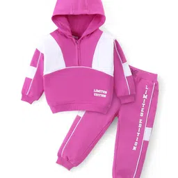 Babyhug Terry Cotton Knit Full Sleeves Text Printed Hooded Top & Jogger Pants Set - Purple & White-picture-23