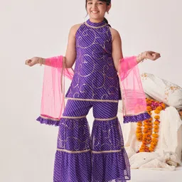 Pspeaches Georgette Sleeveless Sequin Embellished Kurta With Sharara & Dupatta - Purple-picture-23