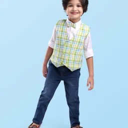 Babyhug WovenFull Sleeves Shirt & Jeans With Checkered Waistcoat & Bow- Light Green Blue & White-picture-10