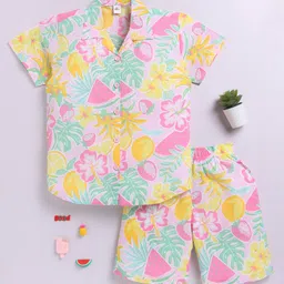 Clt.s Cotton Woven Half Sleeves Floral & Fruits Printed Coordinating Night Suit Set - Pink-picture-19