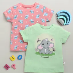 BUMZEE Cotton Pack Of 2 Half Sleeves Baby Elephants Printed Tees - Green & Pink-picture-16