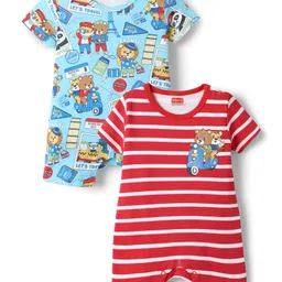 Babyhug 100% Cotton Interlock Knit Half Sleeves Romper with Stripe Design & Animal Print Pack of 2 - Red & Light Blue-picture-16