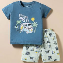 CUCUMBER Single Jersey Knit Half Sleeves Shorts Night Suit With Beach Theme Print - Blue-picture-42