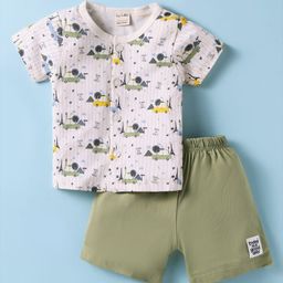 CUCUMBER Sinker Knit Half Sleeves Shorts Night Suit with Vehicle Print - Cream-picture-16