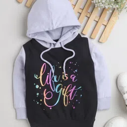 BUMZEE Cotton Knit Full Sleeves Hooded Sweatshirt With Glitter Text Print - Black & Lavender-image-30