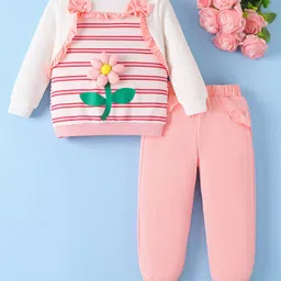 Mark & Mia Full Sleeves Winter Top & Pant Set With Floral Applique & Stripes - Pink-picture-26