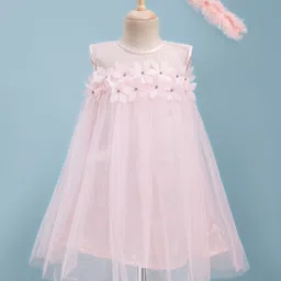 Enfance Sleeveless Stone Embellished Floral Applique Detailed Knee Length Dress With Headband - Baby Pink-picture-24