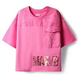 Pine Kids Marvel Single Jersey Knit Half Drop Shoulder Sleeves Oversized Crop T-Shirt & Shorts Set with Avengers Graphics & Reversible Sequin - Pink image 2