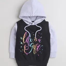 BUMZEE Cotton Knit Full Sleeves Hooded Sweatshirt With Glitter Text Print - Black & Lavender image 2