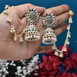 MEIRA JEWELLERY Silver-Plated Artificial Stones Studded and Beaded Dome Shaped Jhumkas-picture-18