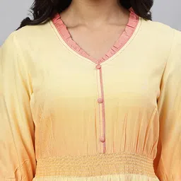 AURELIA Women Yellow & Pink Solid Round Neck Maxi Dress image 2