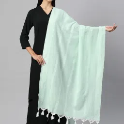 One Femme Green Cotton Striped Dupatta image 1