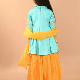 LilPicks Kids Blue & Yellow Embroidered Lehenga, Kurta With Dupatta image 2