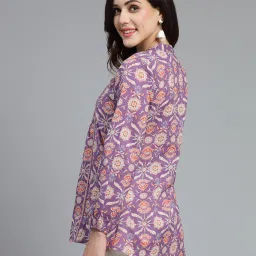 QOMN Purple Cotton Floral Print A Line Short Kurti image 2