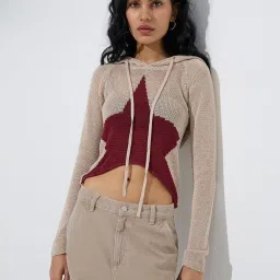 nuon women Nuon by Westside Beige Knit-Textured Cotton Top image 1