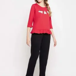 Clovia Red Cotton Regular Fit Printed Top & Pyjama Set image 4