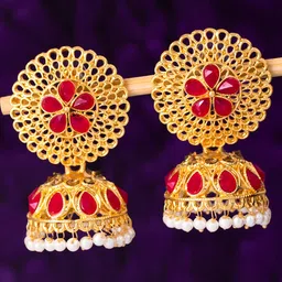 Sukkhi Pink & Gold-Plated Filigree Dome Shaped Jhumkas image 1