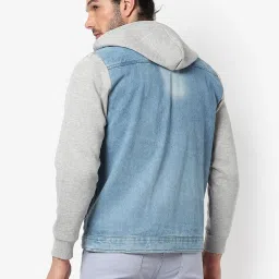 Campus Sutra Denim & Grey Cotton Regular Fit Colour Block Hooded Jacket image 2