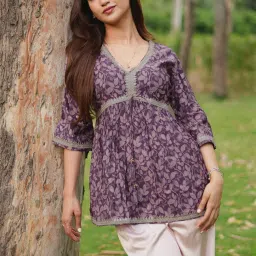 Libas Purple Floral Printed Pleated A-line Kurti with Tassels and Zari Detail image 1