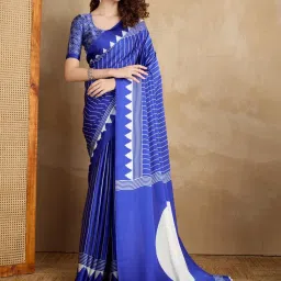 Saree Mall Navy Blue Satin Self Saree with Blouse Piece image 1