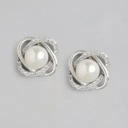 zavya Timeless Elegance 925 Sterling Silver Stud Earrings with Cubic Zirconia & Pearl image 2