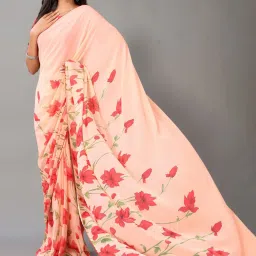 Satrani Peach Floral Print Saree With Unstitched Blouse image 4
