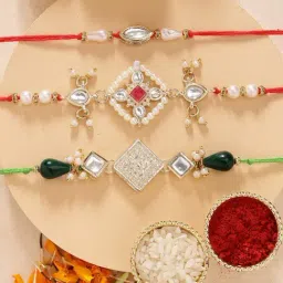 Karatcart Set of 3 Handmade Floral Design Pearl Kundan Rakhis for Brother with Roli & Chawal-image-37