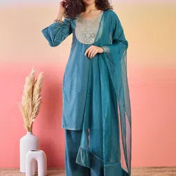 Sangria Floral Yoke Design Sequinned Velvet Straight Kurta With Palazzo & Dupatta-picture-33