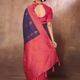 FABMORA Blue & Pink Woven Saree With Unstitched Blouse image 2
