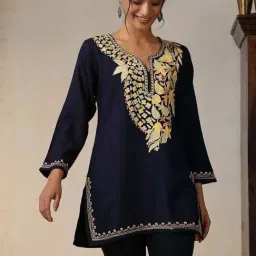House of Chikankari Navy Blue HOC Crafts Aari Embroidered Woollen Solid Women's Short Kurta-image-72
