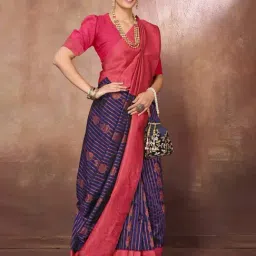 FABMORA Blue & Pink Woven Saree With Unstitched Blouse image 4
