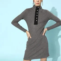 KASSUALLY Grey Cotton Textured A Line Dress-image-1