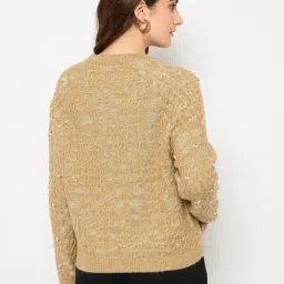 MADAME Khaki Acrylic Self Full Sleeves Sweater image 2