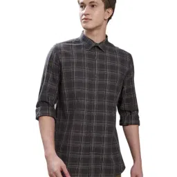 Turtle Navy Blue Cotton Slim Fit Chequered Shirt-image-8
