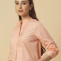 Chemistry Women Solid Mandarin Collar Cotton Shirt Style Top image 4