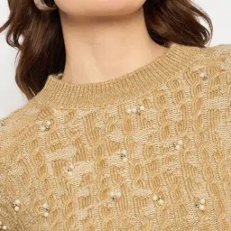MADAME Khaki Acrylic Self Full Sleeves Sweater image 5