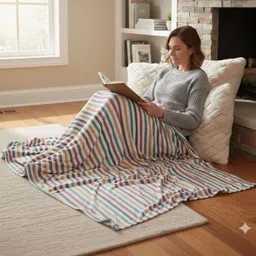 Tharunsha Elite White & Yellow Striped Pure Cotton Reversible 200 GSM AC Room Blanket image 5