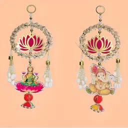 GADINFASHION 2Pcs Pink & Yellow Textured Laxmi Ganesh Hanging Toran image 3