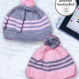 COCOON ORGANICS Handcrafted Soft & Warm Striped Bobble Caps - Pink & Grey-picture-37