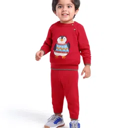 Babyoye 100% Cotton Solid Dyed Full Sleeves Sweater Set with Penguin Design - Red-picture-11