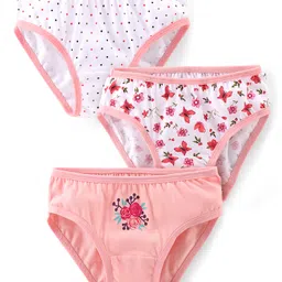Babyhug 100% Cotton Knit Panties Floral Print Pack of 3 - Pink & White-picture-23