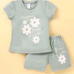 Pink Rabbit Cotton Knit Half Sleeves Top & Shorts Set Floral Print - Green-picture-25