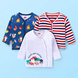Babyhug 100% Cotton Knit Antibacterial Full Sleeves Front Open Vests with Striped Hedgehog & Fox Printed Pack of 3 - Navy Blue Grey & Red-picture-37