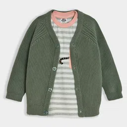 Mi Arcus 100% Cotton Full Sleeves Striped & Cat Printed Tee & Solid Cardigan Set - Green-picture-16