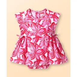 Babyhug 100% Cotton Knit Half Sleeves Frock Style Onesie with Floral Print - Pink-picture-26
