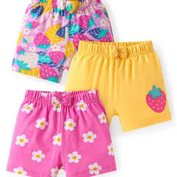 Babyhug Cotton Knit Mid Thigh Strawberry & Floral Printed Shorts with Bow Applique Pack of 3 - Pink & Yellow-picture-10