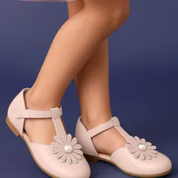 Pine Kids Velcro Closure Solid Coloured Ballerina With Floral Applique - Pink-image-39