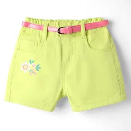 Babyhug Twill Woven Mid Thigh Floral Embroidery Shorts With Belt & Stretch - Lime Green-picture-18