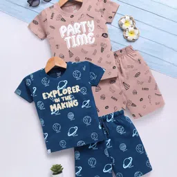 TOONYPORT Cotton Pack Of 2 Half Sleeves Party & Space Theme Printed Tees & Coordinating Shorts Set - Multi Colour-picture-16
