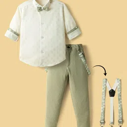 Radutu Full Sleeves Abstract Printed Shirt Pant With Bow & Suspender Set - White & Pista-picture-15